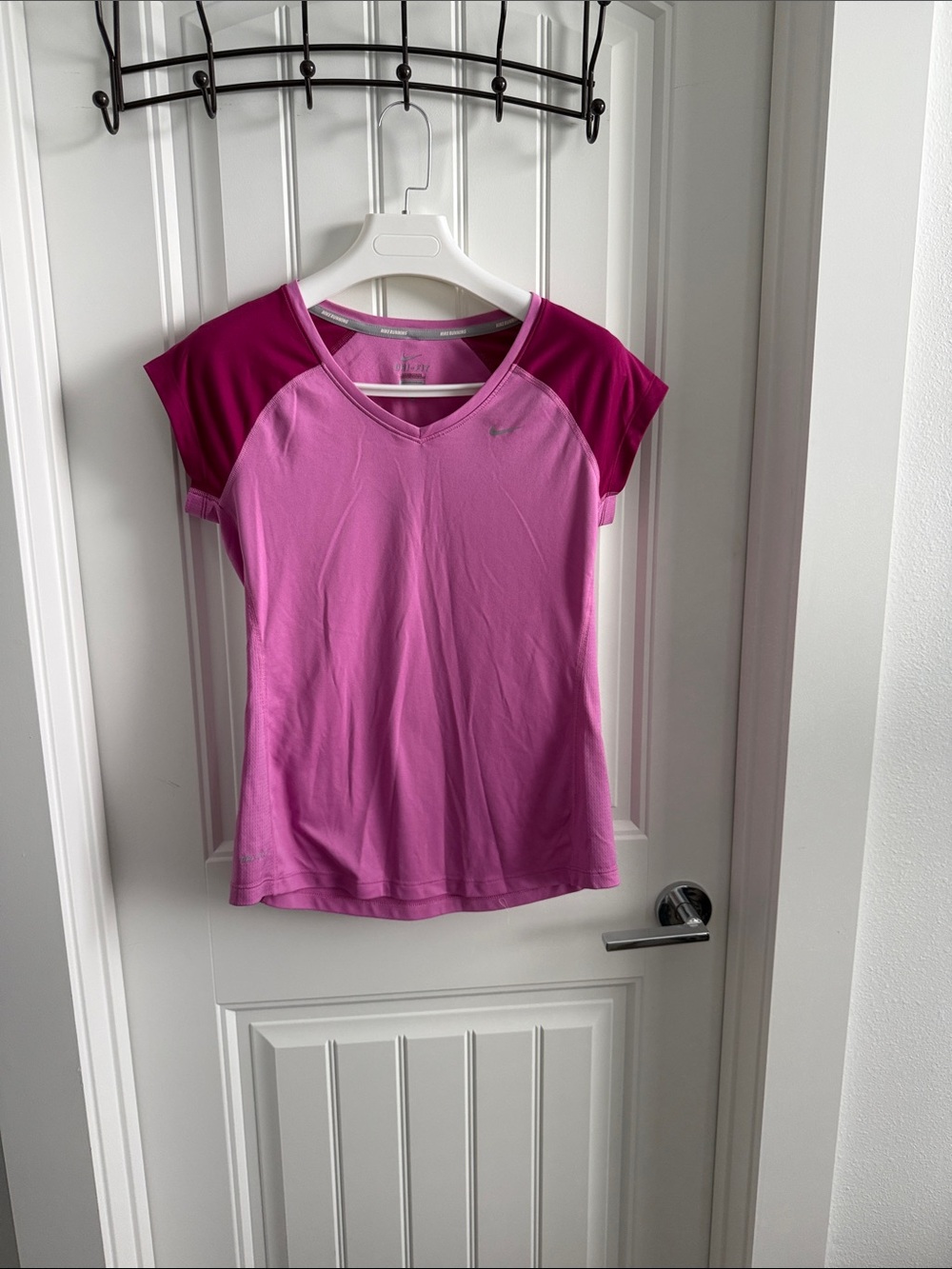 Nike Pink V-Neck Cap Sleeve Active Tee with Magenta Shoulders